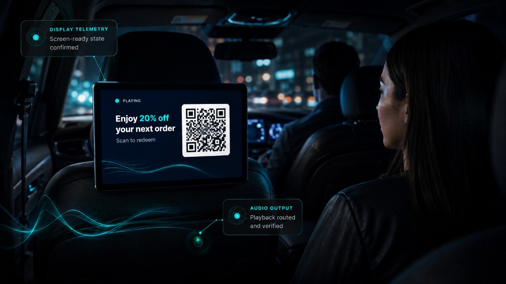 In-ride ad playing on a headrest screen with display telemetry and audio output confirmed